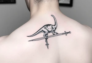 Tattoo on forearm with Brachiosaurus dinosaur on handle bar of a fingolfin sword. tattoo idea