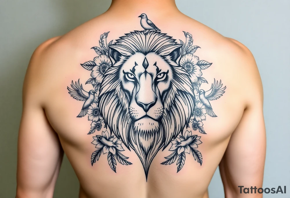 powerful majestic lion with a crown, surrounded by floral ornaments and birds b tattoo idea