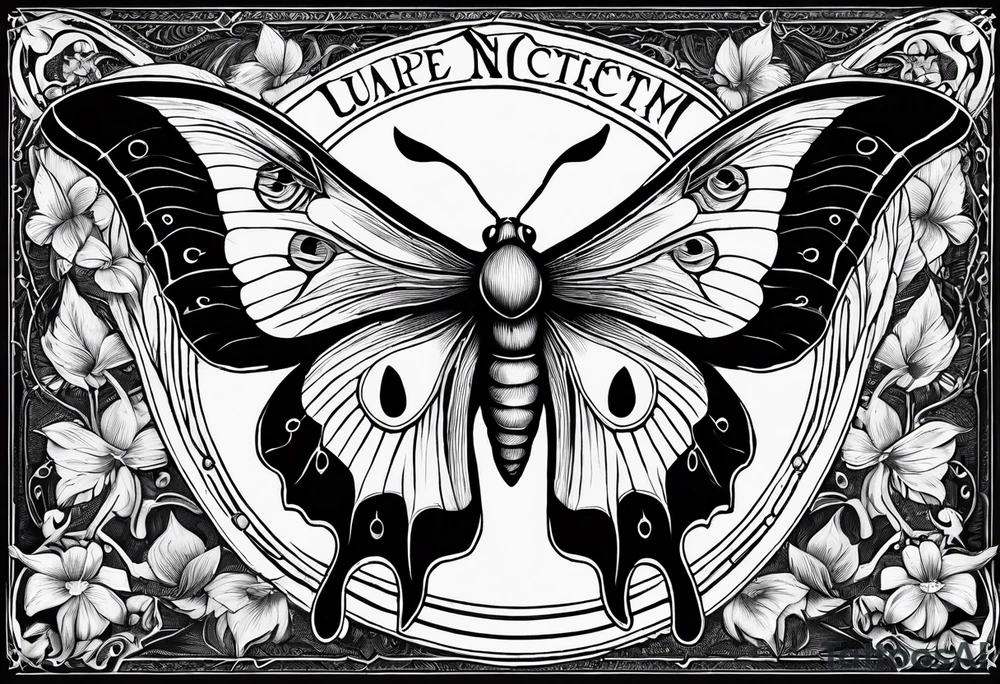 luna moth anatomically correct with each phase of the moon in order under the moth, and the words "carpe noctem" above it in sans serif font tattoo idea