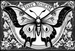 luna moth anatomically correct with each phase of the moon in order under the moth, and the words "carpe noctem" above it in sans serif font tattoo idea