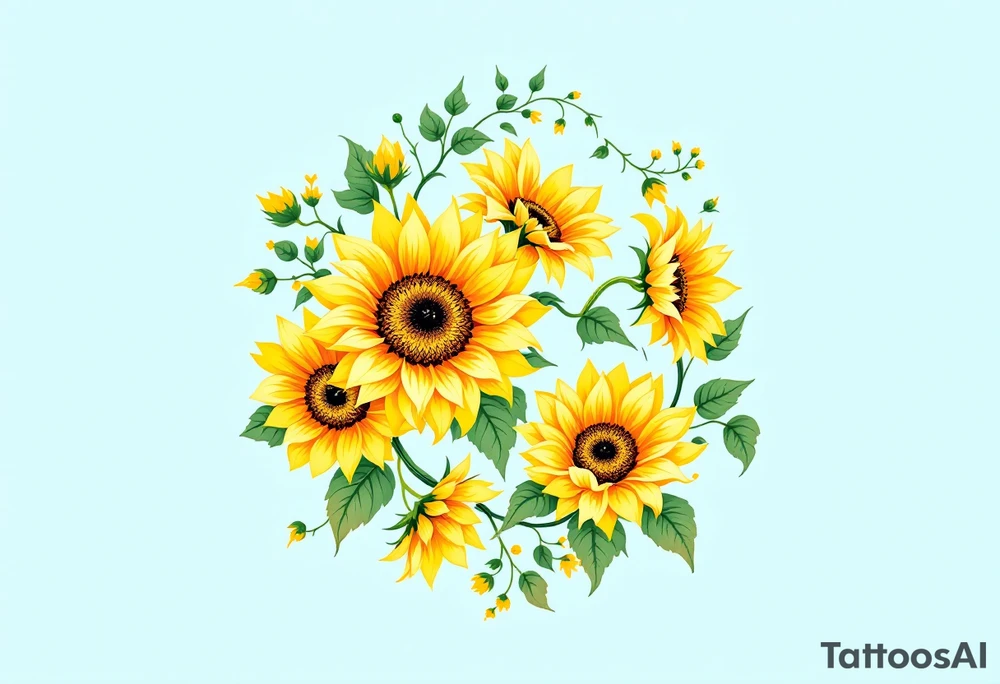 Barbora 11. 08. 2021) – Soft yellow sunflowers blooming around Barbora’s birthdate, with green vines and a light blue sky background. tattoo idea