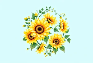 Barbora 11. 08. 2021) – Soft yellow sunflowers blooming around Barbora’s birthdate, with green vines and a light blue sky background. tattoo idea