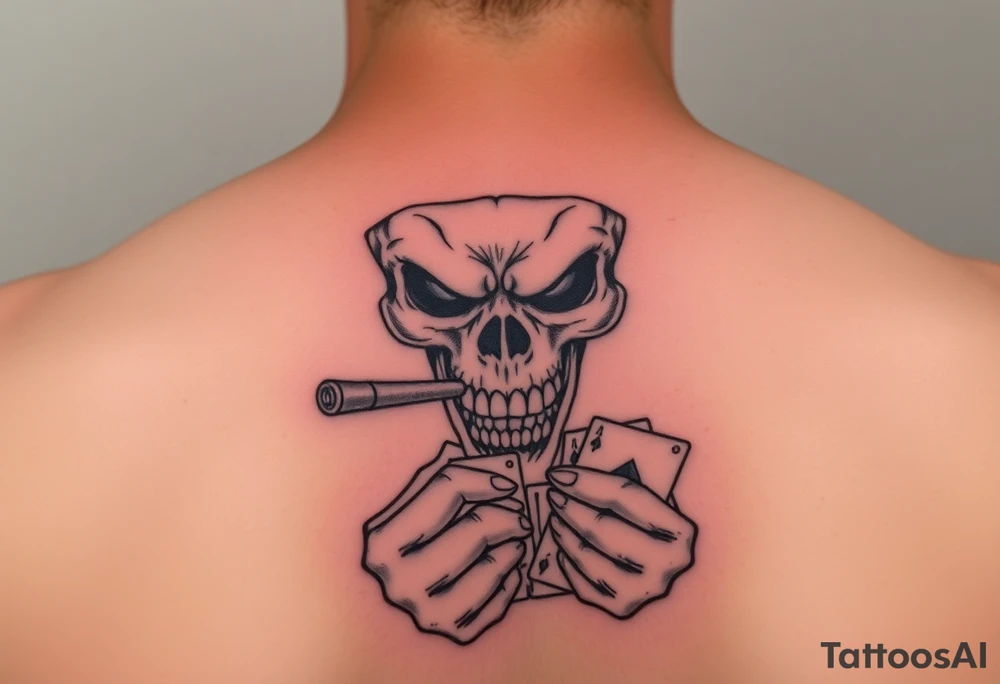 Gangster scene clown skull mid evil smoking cigar playing cards on the streets tattoo idea