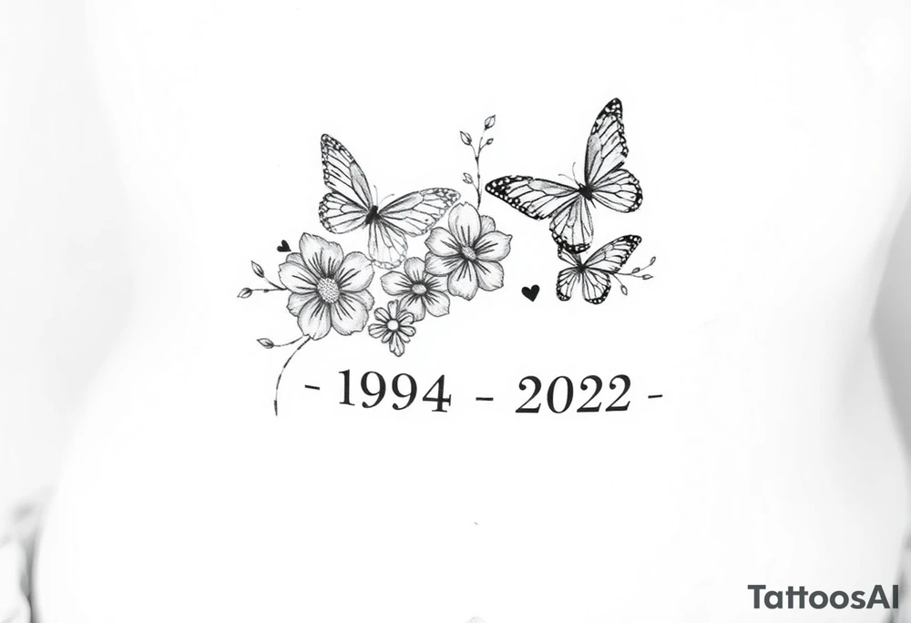 flowers and butterflies with the name “NANA” and the date “1954-2022” mixed all together on the side of the rib cage tattoo idea