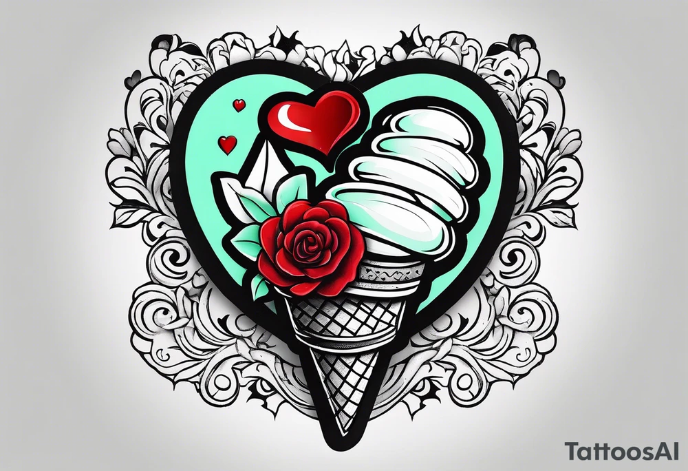 mint chocolate chip ice cream cone with small red heart on it somewhere. tattoo idea