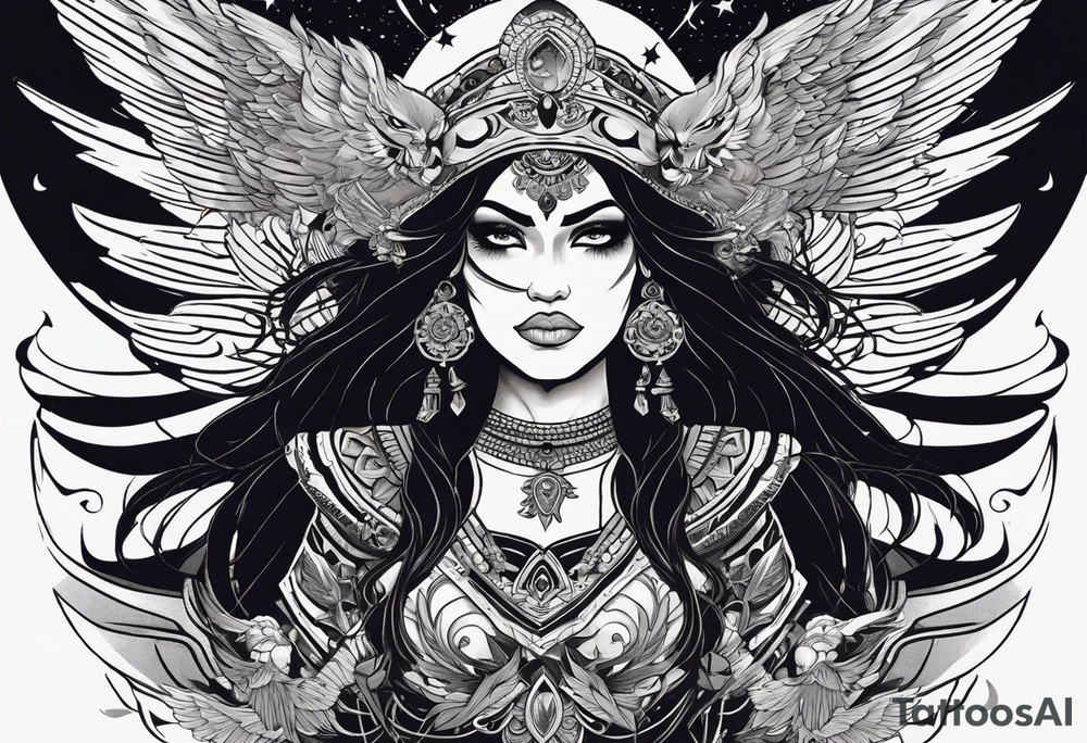 black kali, goddess pirate, alien, angel, pachamama, valkrye, warrior, flying, skull, lotus azul, wing, eagle, zenza resonance, stars, 5D, anahata chakra, death, durga, riding on a tiger, flying lady tattoo idea