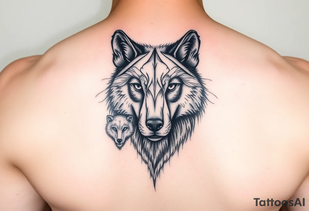 A solitary yet sublime and noble wolf and its progeny. the face tattoo idea