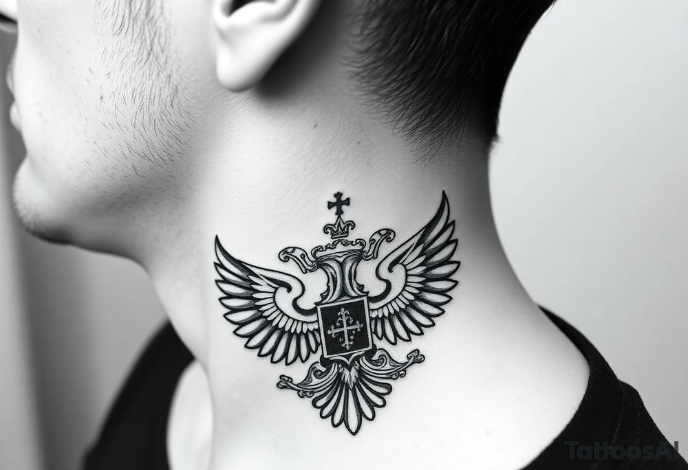 St. George, 3 russian imperial crowns above the Russian coat of arms double eagle and above sitting in its wingspan have a Russian sabre, Kremlin or St. Basil's Cathedral scene  on the side of my neck tattoo idea