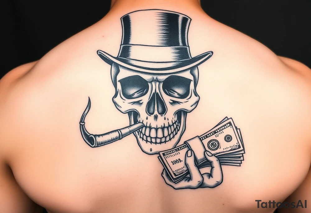 skull with mustache,a big cigar in his mouth,a top-hat on his head and alot of money in a hand. tattoo idea