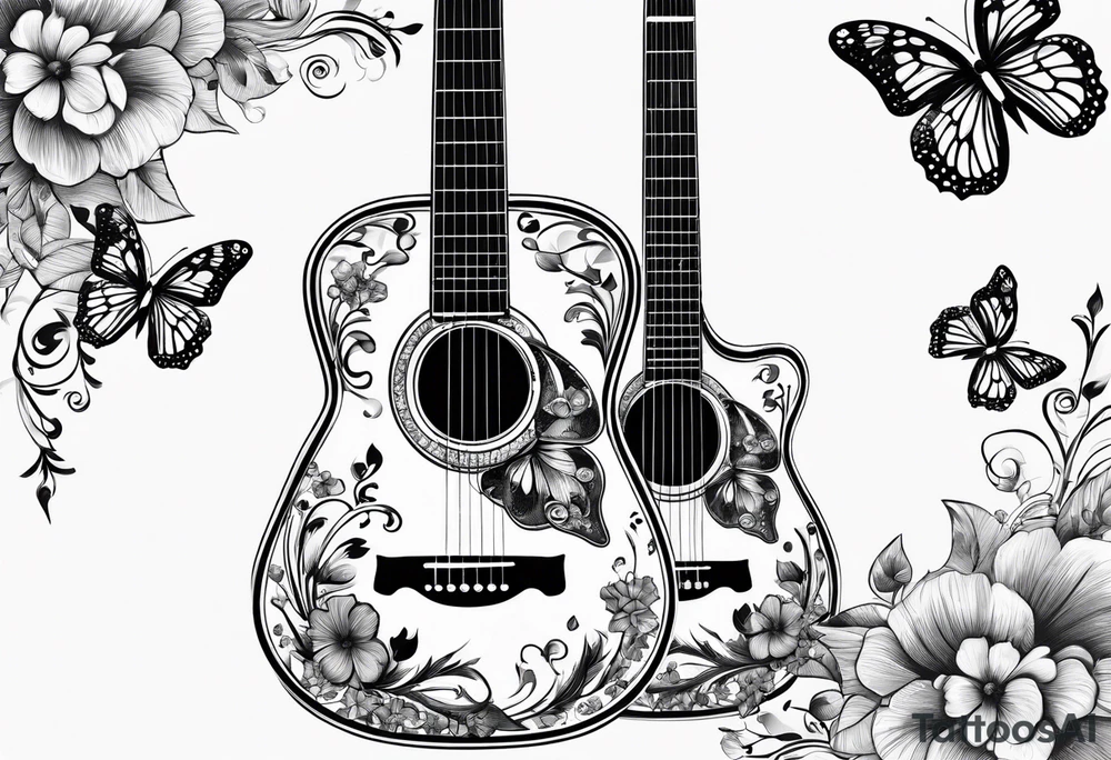 Single electric acoustic Guitar in shape with flowers growing off the side, butterflies tattoo idea