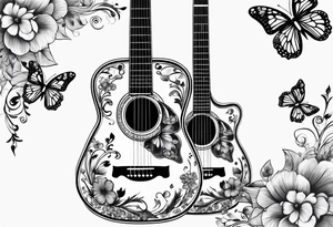 Single electric acoustic Guitar in shape with flowers growing off the side, butterflies tattoo idea
