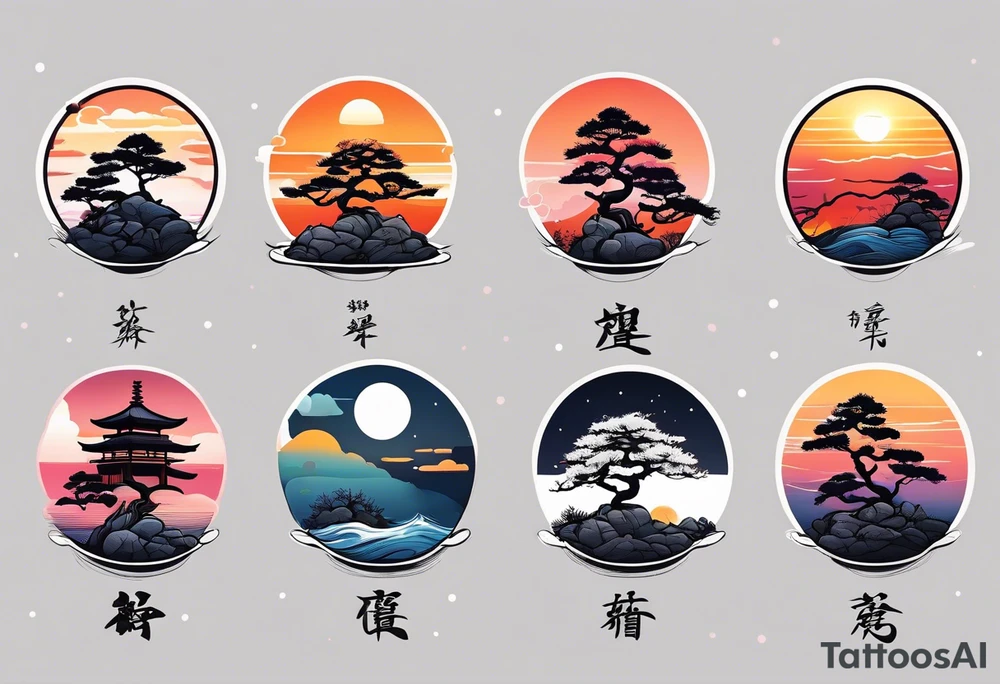 Sunset and little down bonsai trees tattoo idea