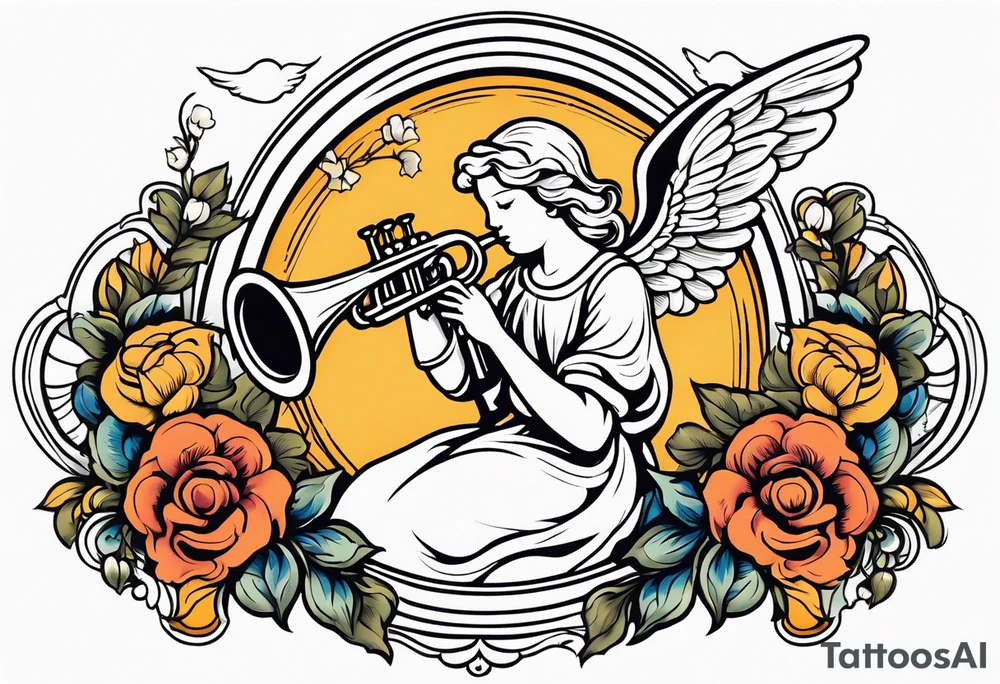 angel with trumpet
old school vintage simple traditional design with vintage flowers surrounding it bold color tattoo idea