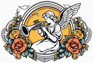 angel with trumpet
old school vintage simple traditional design with vintage flowers surrounding it bold color tattoo idea