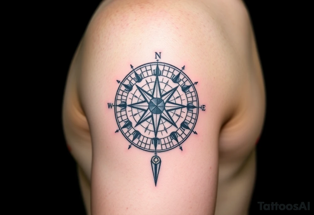 Geometric compass merged with mechanical engine design, compass rose showing different emotional/mental states instead of directions, needle that points to current state, engine runs on discipline/sacrifice but compass ensures correct navigation, pressure chambers only activate when compass shows balanced position, represents using pain as fuel ONLY when properly oriented, geometric patterns show harmony when aligned, disrupted patterns when off-balance, black and grey with subtle brass/gold for compass elements, symbolizes the wisdom to pause and recalibrate before taking action, upper arm placement tattoo idea