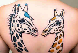Dos jirafas hermanas. El hermano mayor de color azul y la pequeña de color amarillo. Un diseño minimalista y para un tatuaje pequeño tattoo idea