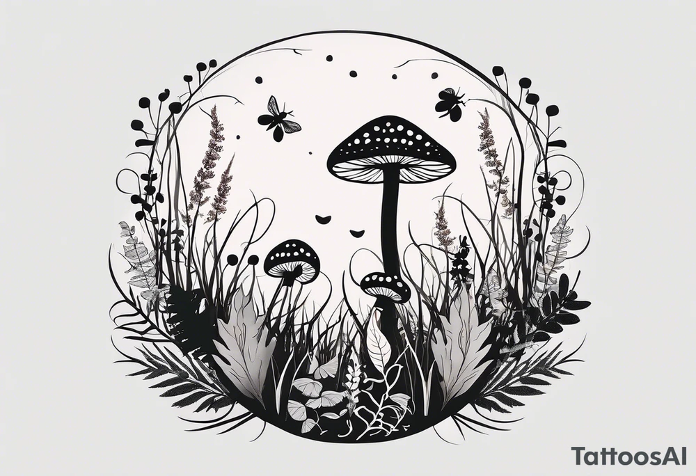 minimalistic forest floor inspired tattoo, which includes grass, moss, curly ferns and dead leaves as the bulk of the tattoo. details to include: forest berries, couple of very small brown mushrooms, a tiny bumblebee flying nearby tattoo idea