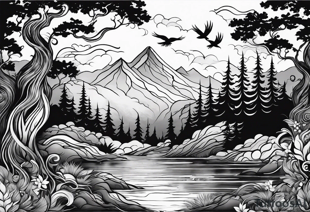 forest with water flowing and phoenix and roots and reflection waves and three birds tattoo idea