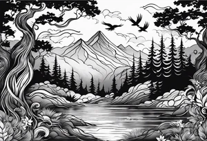 forest with water flowing and phoenix and roots and reflection waves and three birds tattoo idea
