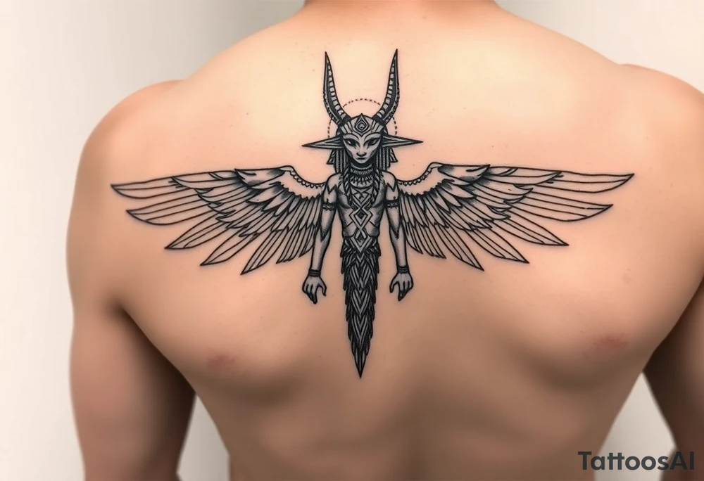 "Anubis in ufo 

Style: sacral geometry blackwork. Thigh/calf placement." tattoo idea