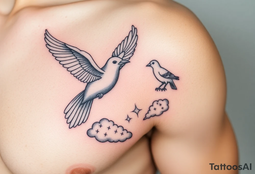 Dove and a blue jay, clouds, shining light to or from heaven tattoo idea