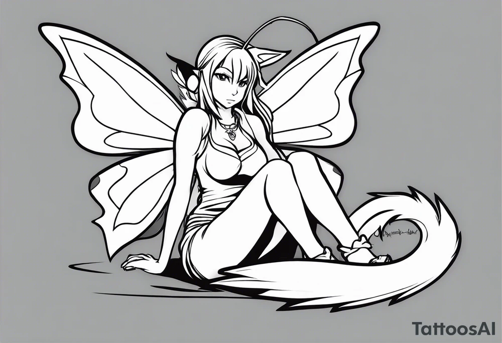 No color sketch of a fairy with a tail inspired by the guild symbol in the anime show called Fairy Tail in a fetal position leaning in and forward while crawled in tattoo idea