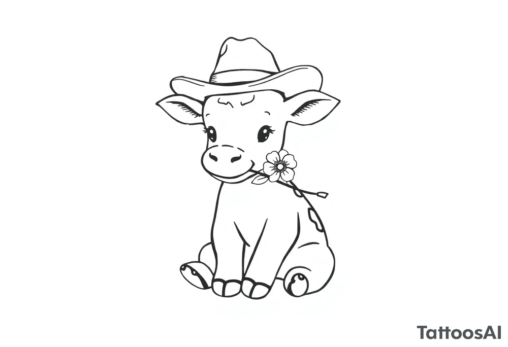 cute black and white baby cow sitting wearing a cowboy hat with a flower in mouth tattoo idea