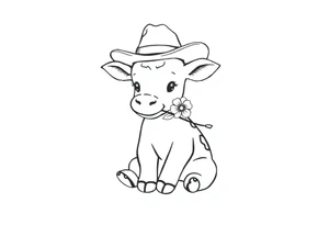 cute black and white baby cow sitting wearing a cowboy hat with a flower in mouth tattoo idea