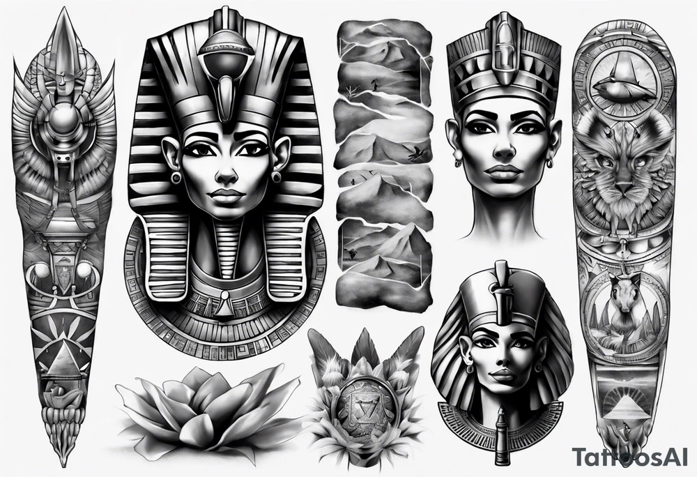 Egyptian theme full sleeve realistic tattoo idea
