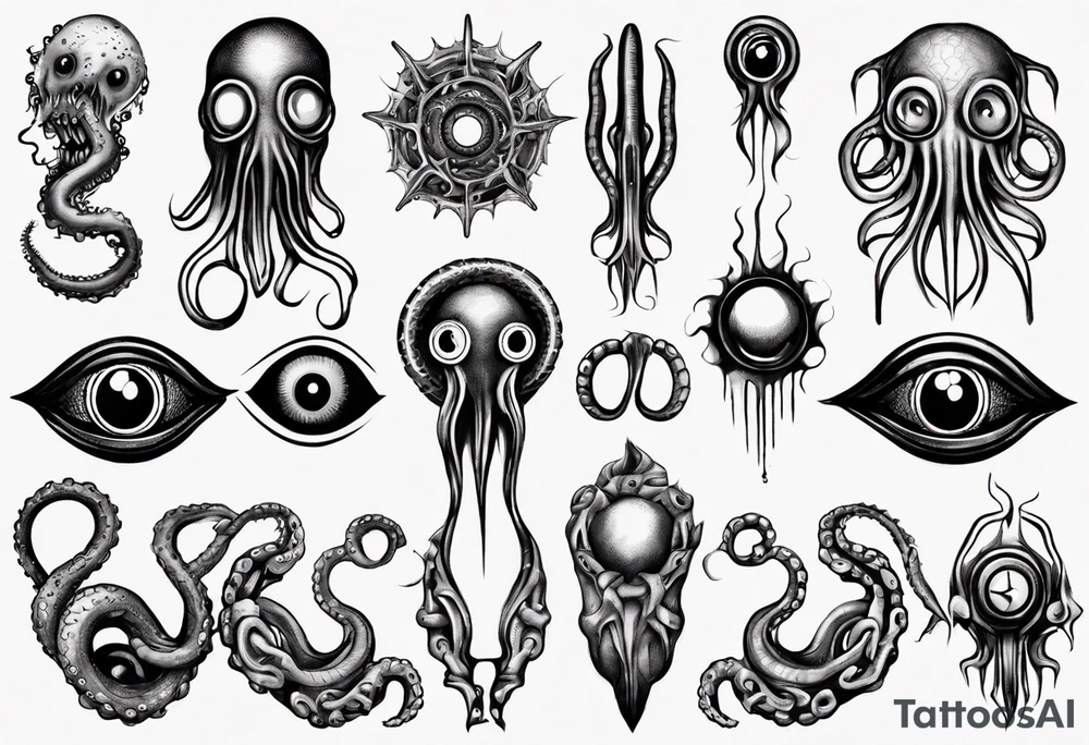 lovecraft theme with tentacle+++ and eyes for forearms
long tattoo tattoo idea
