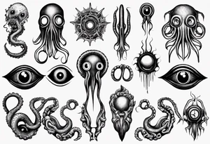 lovecraft theme with tentacle+++ and eyes for forearms
long tattoo tattoo idea
