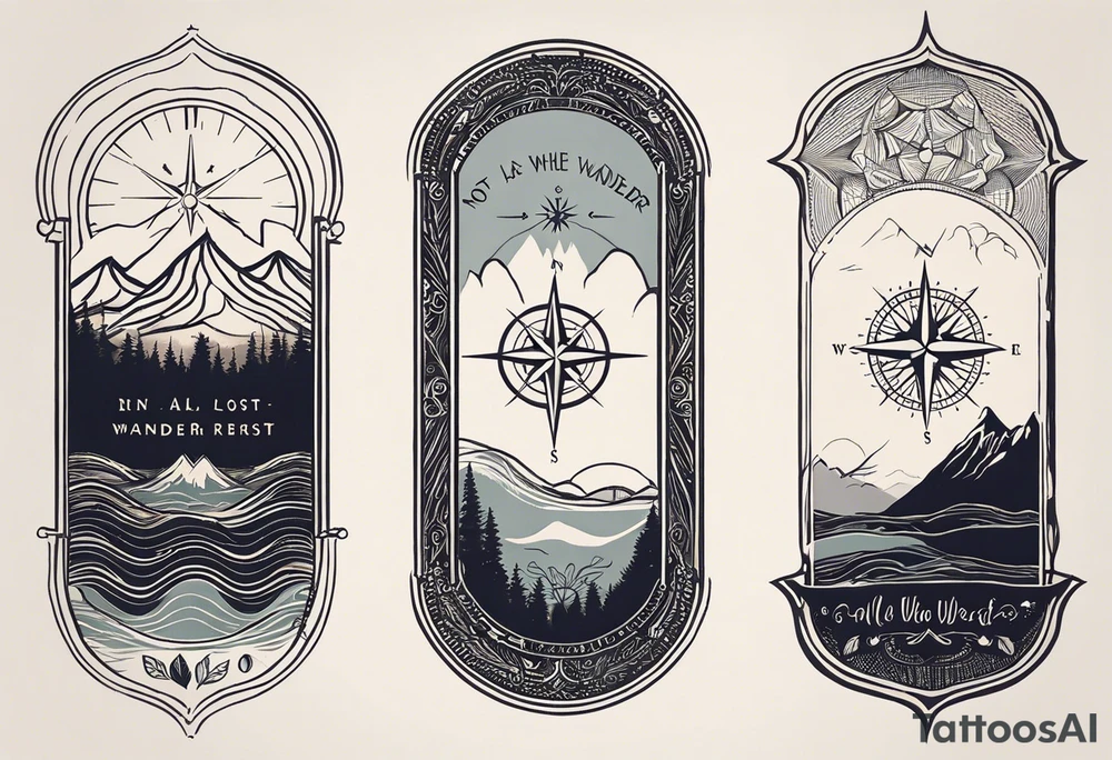 A half sleeve tattoo that features the quote **"Not all who wander are lost"** in elegant script on the outer forearm. Surrounding it are a compass rose and flowing elements like mountains, waves, and trees, symbolizing adventure and nature. Small travel icons like a plane and backpack are interspersed, enhancing the theme of exploration. The design uses a dynamic look that wraps naturally around your forearm. tattoo idea