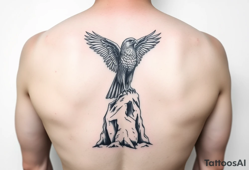 an eagle stands on a rock, landscape. tattoo idea