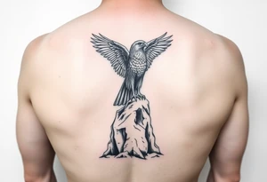 an eagle stands on a rock, landscape. tattoo idea