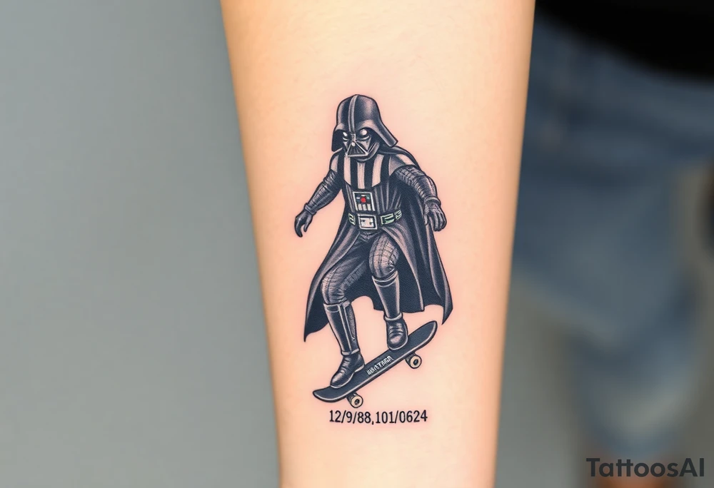 Darth Vader skateboarding > bullets > in loving memory > colors
add words "Darth Carter" to skateboard
add date 12/29/88-01/06/24 tattoo idea