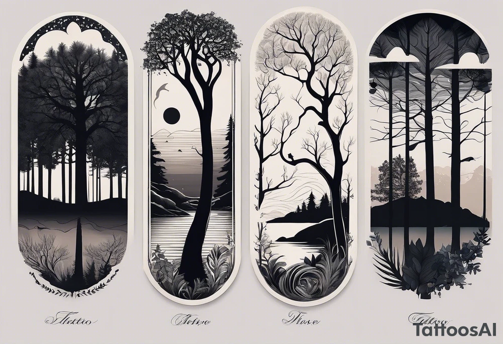 The tattoo will be a stylized horizontal panorama of nature. At the base, a thin and elegant line will symbolize the horizon. Above it, various silhouetted trees with delicate details, representing different species, including oaks and pines, will be distributed along the horizon. I would like the trees to be interspersed with open spaces, creating a play of light and shadow. On the horizontal line, just after the sequence of trees that start from left to right, I would like to include a cabin with a small mountain behind it. Below the cabin and trees, a tranquil lake reflects the entire scene above symmetrically, with gentle ripples on the water's surface. Above the trees, I want to inscribe the Latin phrase 'Natura non facit saltus', following the natural contour of the treetops in a classic and elegant font, inviting reflection. tattoo idea