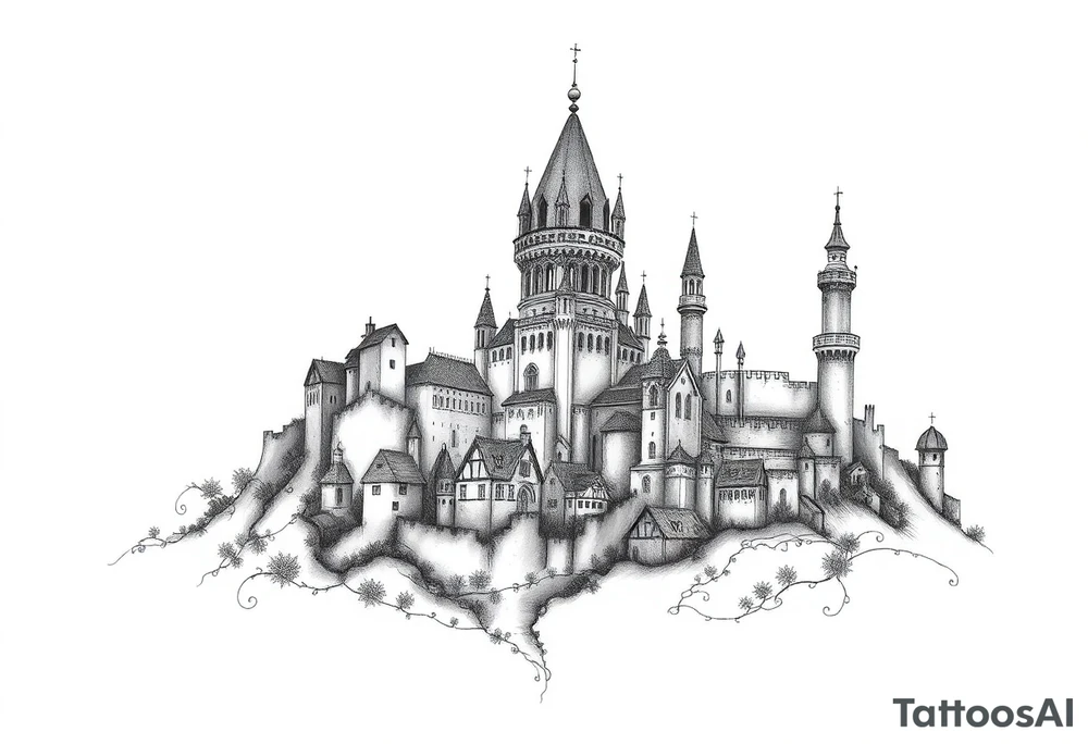 Midevieal scary castles and town tattoo idea
