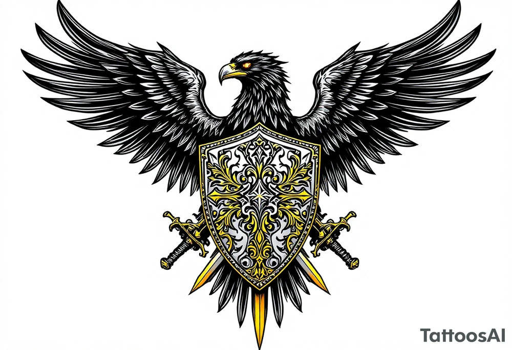 A fierce black eagle with golden grown clutching a silver shield with traditional Silesian patterns, crossed by two ornate medieval swords. The eagle’s eyes glow in deep amber, symbolizing vigilance and protection. tattoo idea