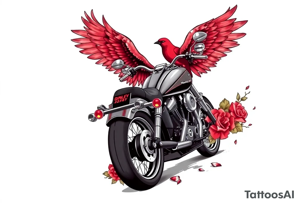 Harley grey motorcycle driving away, two red birds flying, roses, flames, angel wings tattoo idea
