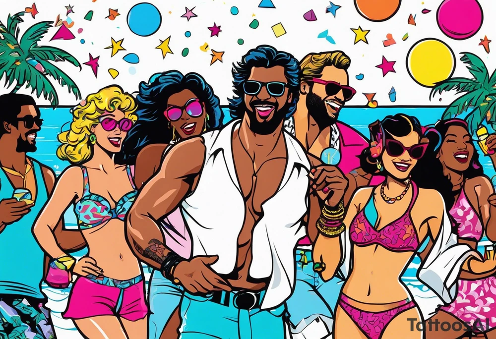 1980's miami vice style beach dance 
party, include confetti, music notes, boom box, bikinis tattoo idea