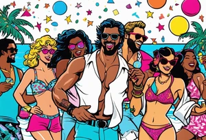 1980's miami vice style beach dance 
party, include confetti, music notes, boom box, bikinis tattoo idea