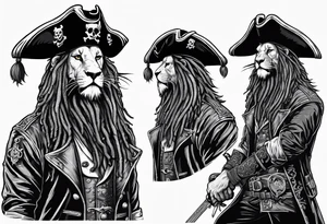 Pirate lion wearing jacket, sword and pistol, nautical steampunk theme. dreadlocks. pirate vessel tattoo idea