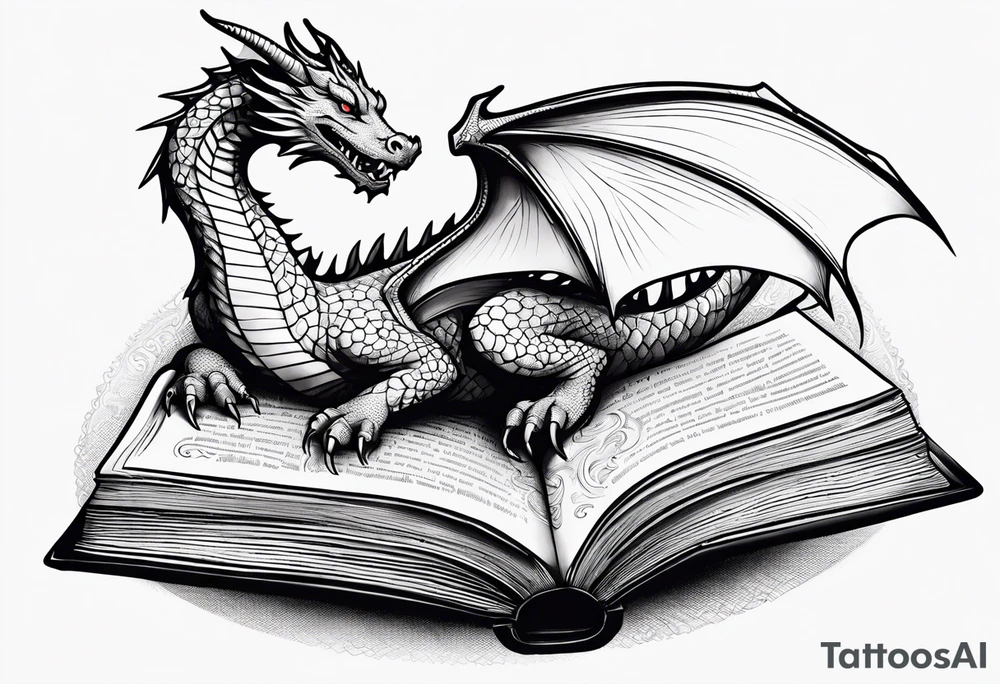 An open book with a dragon curled up and resting underneath it. tattoo idea