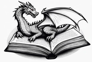 An open book with a dragon curled up and resting underneath it. tattoo idea