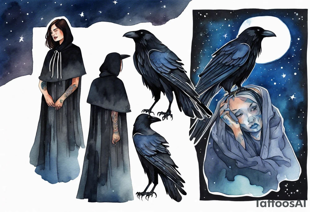 Watercolor of a Dakota woman with a black cloak, standing before the night sky, a raven on her shoulder tattoo idea