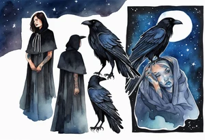 Watercolor of a Dakota woman with a black cloak, standing before the night sky, a raven on her shoulder tattoo idea