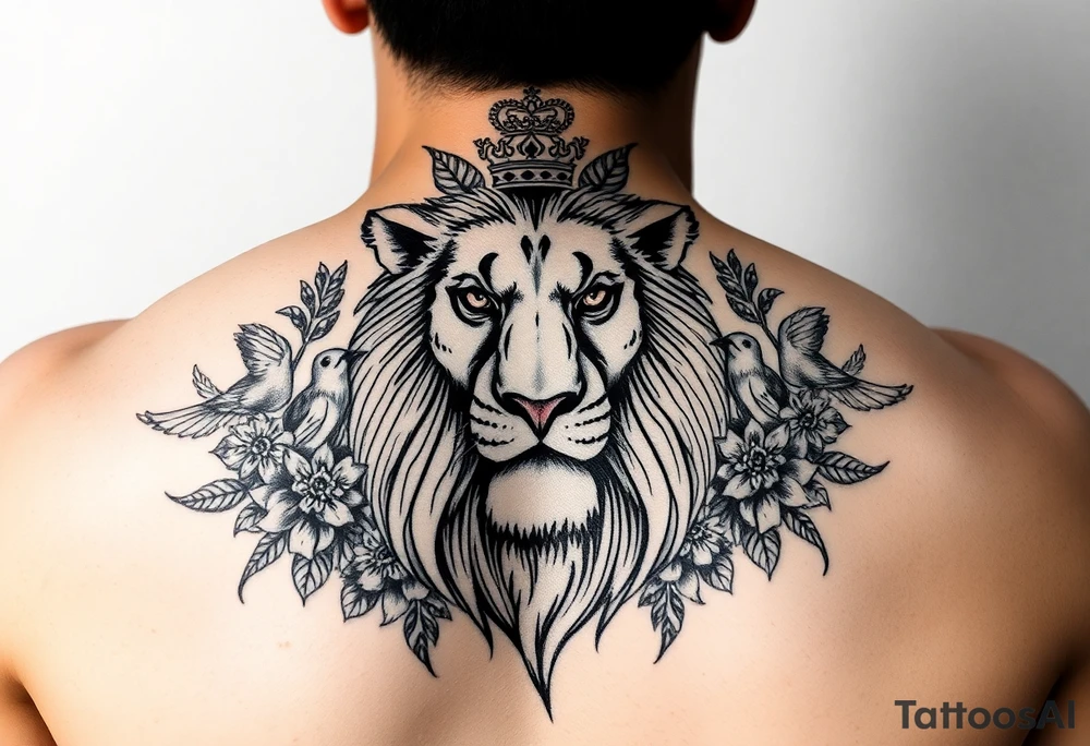 powerful majestic lion with a crown, surrounded by floral ornaments and birds tattoo idea