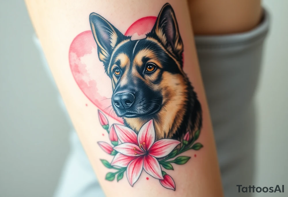 protective german shepherd dog with pink lily flowers in front of sacred heart tattoo idea