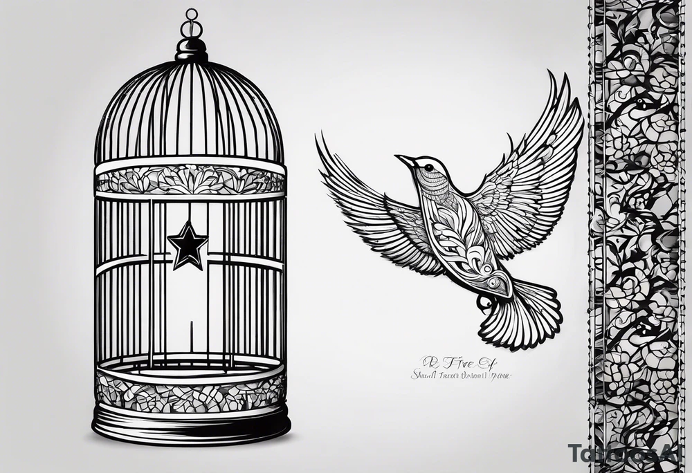 A simple open bird cage with a bird flying out, with the words ‘be free’ tattoo idea