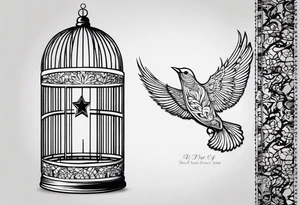 A simple open bird cage with a bird flying out, with the words ‘be free’ tattoo idea